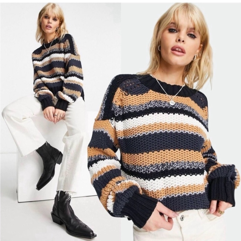 Free People Navy and Tan Striped Sweater